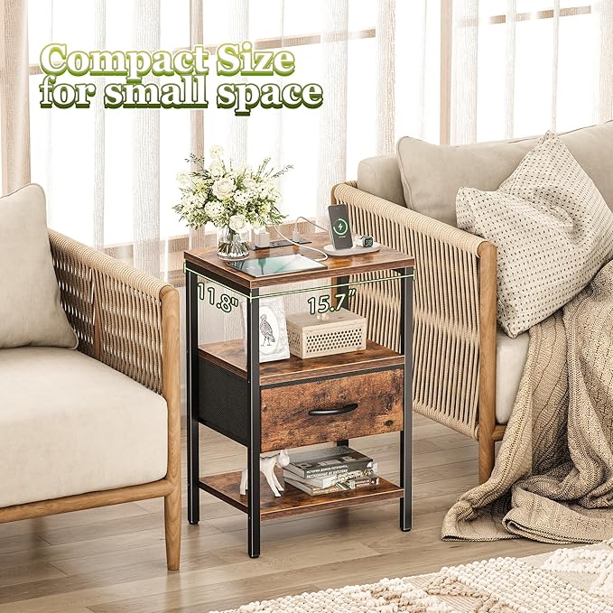 SUPERJARE Nightstand Set of 2, Bed Side Tables with Charging Station, Adjustable Fabric Drawer, Night Stand for Bedroom, 3-Tier Storage End Tables, for Living Room, Rustic Brown