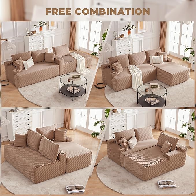 Mangodan Cloud Sectional Sofa, Boneless Couch for Living Room, Modular Sectional Sofa with Deep Seat, Fluffy L-Shaped Comfy Couch with Right-Facing Chaise, No Assembly Required, Camel