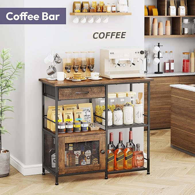 SWTYMIKI 33.31''x14.25'' Coffee Bar Cabinet - Large Farmhouse Coffee Stand Station Multi-Purpose Buffet Sideboard Cabinet with Drawers - Kitchen Bar Table for Living Room, Small Space, Espresso