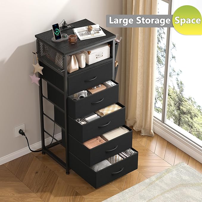 EnHomee Nightstands Set of 2 with 5 Drawers, Black Dresser with Charging Station and LED Light, Tall Nightstand with Extra Side Bag & Hooks, Bedroom, Closet, Hallway, Entryway, Black