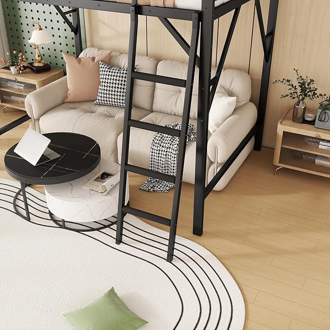 KEIKI Queen Size Metal Loft Bed Frame with Ladder and Built-in Storage Shelves, for Teens, Modern Style Loft Bed with Solid Slats, Guardrail, No Box Spring Required, Easy Assembly, for Bedroom, Black