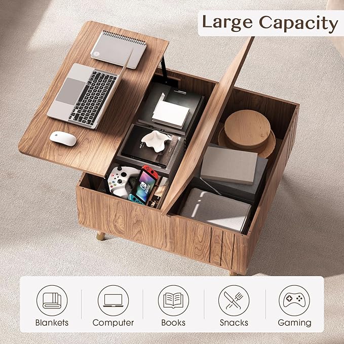 JOINICE 32" Square Lift Top Coffee Table with Storage,Mid Century Modern Walnut Center Table with Rising Desktop for Living Room, Brown Wood Finish