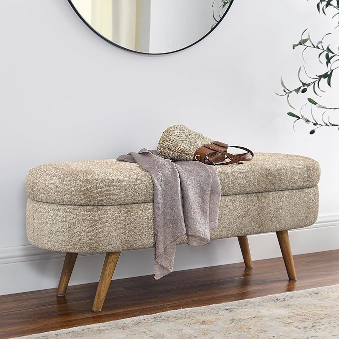 43.5" Ottoman with Storage, Storage Ottoman Bench with Safety Hinge, Foam End of Bed Bench, Upholstered Entryway Bench for Bedroom, Living Room & Window, Holds up to 330 lb, Brown