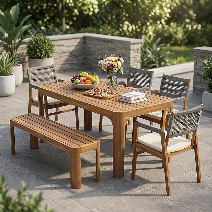Christopher Knight Home 6-Piece Outdoor Acacia Wood Patio Dining Set, 70" Rectangular Table with 4 Rope Armchairs 1 Bench, Teak Finish Vietnamese Acacia Wood Garden Dining Furniture Set for Patio Deck