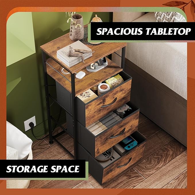 WLIVE Nightstand with Charging Station, 31.9" H Nightstand with 3 Fabric Drawers, LED Bedside Table with USB Ports and Outlets, End Table for Dorm, Bedroom, Entryway, Rustic Brown
