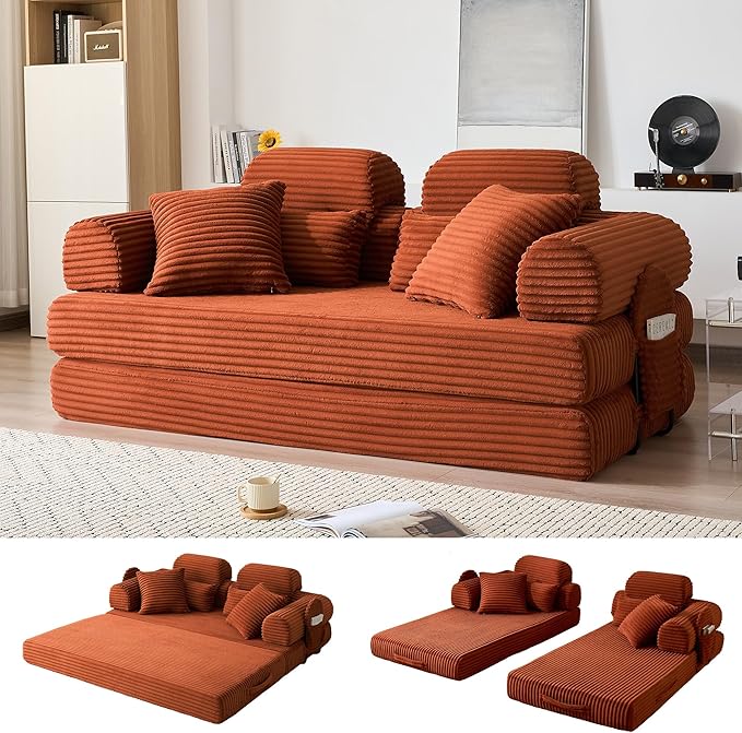 78.8" Convertible Sofa Bed with High Backrest Headrest, 5-in-1 Corduroy Boneless Couch with Side Pocket, Sleeper Loveseat Couch Bed Sectional Couches for Living Room, No Assembly, Orange