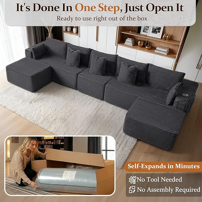 168" Cloud Sectional Couch, Comfort U Shaped Sofa for Living Room, Extra Deep Seats No Assembly, Minimalist Modular Couch, Corduroy (Dark Grey, 7 Seats,U-Shape A)