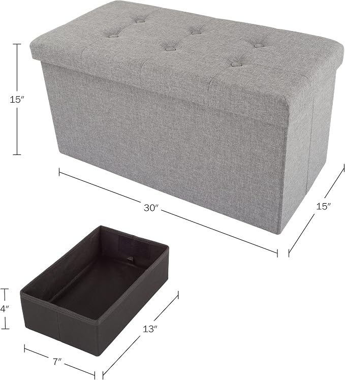 Lavish Home 30 Inch Collapsible Storage Ottoman Bench – Foldable Tufted Linen Bedroom Bench with Hidden Storage, Upholstered Footrest for End of Bed or Living Room (Light Gray)