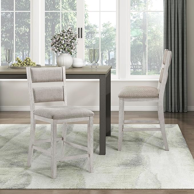 Lexicon Counter Height Chairs, Set of 2, Wooden Kitchen Chairs with Light Gray Textured Fabric Upholstered Seats and Back Rest, Counter Stools for Kitchen/Dining Room, 25.5" SH, Brushed Antique White