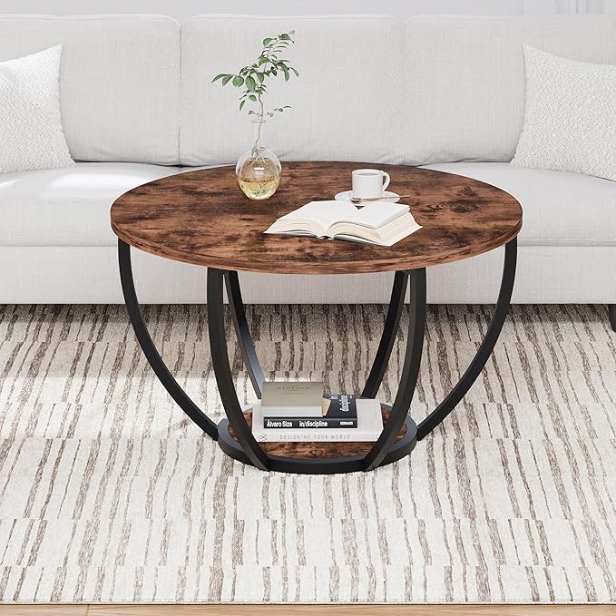 HOMERECOMMEND 28" Round Coffee Table with Storage,2-Tier Wood Accent Center Table for Living Room,Sofa Table for Home Office, Brown