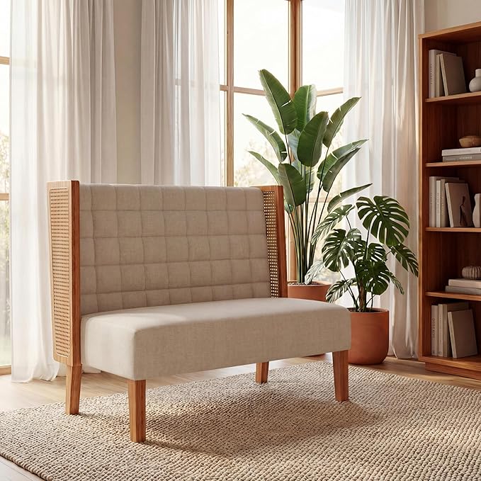 Andeworld Loveseat Settee Bench with Rattan Arms, Upholstered Modern Mini High-Back Sofa Couch,Banquette Dining Bench for Living Dining Room Bedroom Office Small Space Entryway，Beige