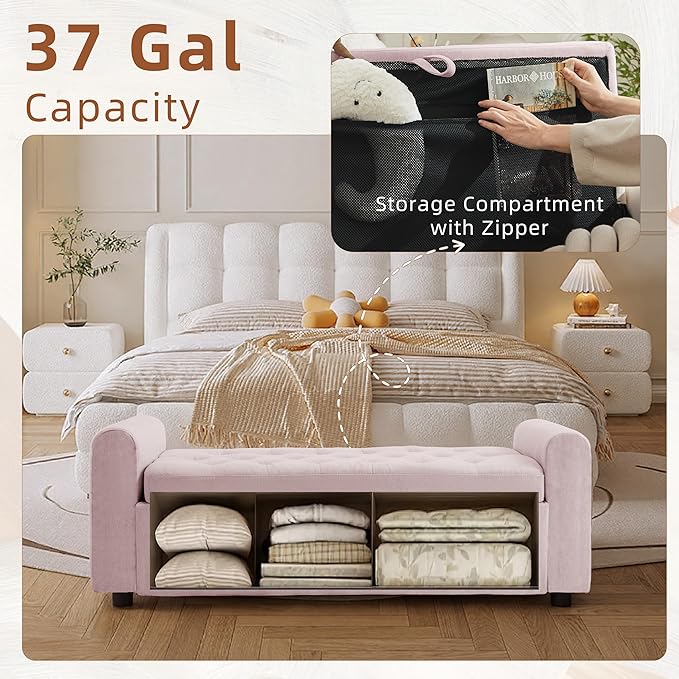 48" Ottoman with Storage, Tufted Storage Ottoman Bench, Convenient Living Room Fabrics Bench Seat, Entryway Shoe Benches with Inner Zipper & Arm, Rivetless Upholstered Window Seat Ottomans, Pink