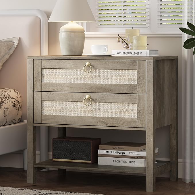 Xixini Nightstand wih 2 Drawers & Open Shelf, 27" Wide Rattan Boho Bedside Table with Brass Knobs, Small Mid Century Modern Night Stand, Wooden End Side Table for Bedroom, Living Room, Closet, Grey