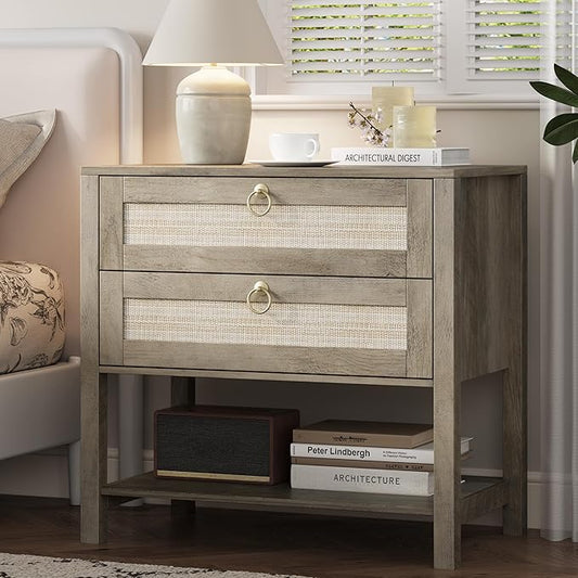 Xixini Nightstand wih 2 Drawers & Open Shelf, 27" Wide Rattan Boho Bedside Table with Brass Knobs, Small Mid Century Modern Night Stand, Wooden End Side Table for Bedroom, Living Room, Closet, Grey