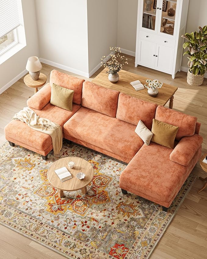 U-Shaped Sectional Couches for Living Room | 112 Inch Modern Sectional Couch | Orange Chenille Sofa with Double Chaise for Apartment