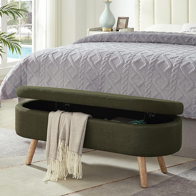 42.25" Ottoman with Storage, Storage Ottoman Bench with Safety Hinge, Foam End of Bed Bench, Upholstered Entryway Bench for Bedroom, Living Room & Window, Holds up to 330 lb,Dark Green