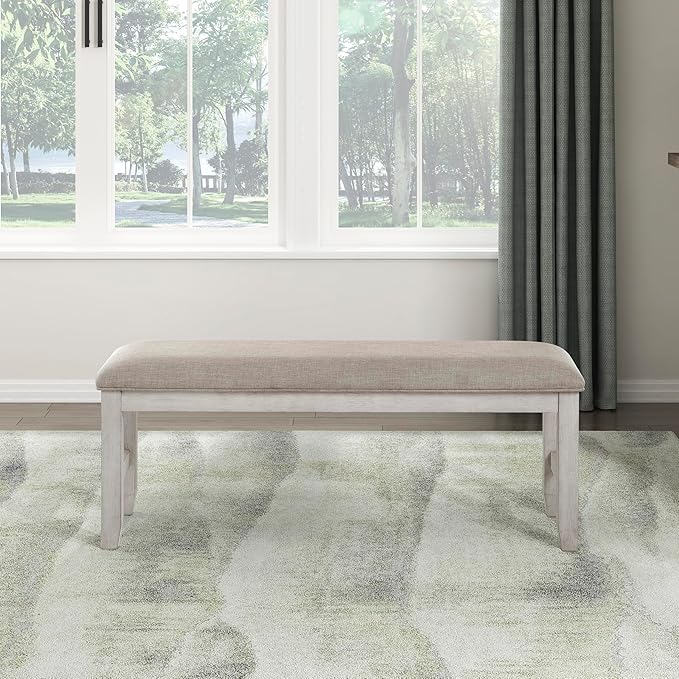 Lexicon Dining Bench with Padded Seat and Wooden Frame, Entryway Bench, Light Gray Textured Fabric Upholstered Dining Seat for Kitchen/Living Room, 19.5" SH, Brushed Antique White