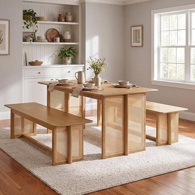Merax Farmhouse Rubber Wood Dining Table Set for 3- Wood 70.87''L Rectangular Kitchen Table, 2 Dining Bench with Rattan Accents Legs for Kitchen, Living Room, Easy Assemble,Natural