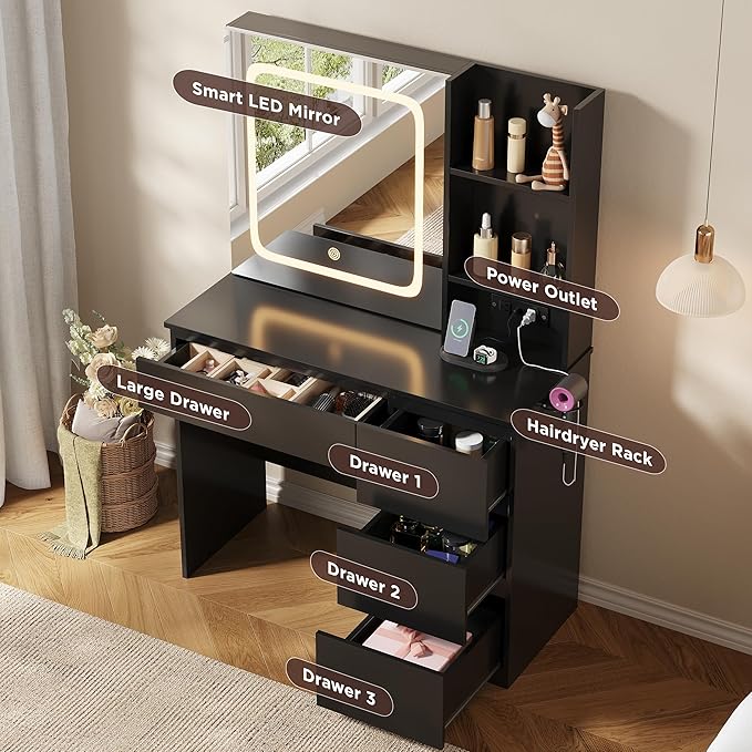 Vabches Make Up Vanity Desk with Charging Station, Vanity Set with Mirror and Lights,Dressing Table with 4 Drawers & Storage Shelves,37inch, Black