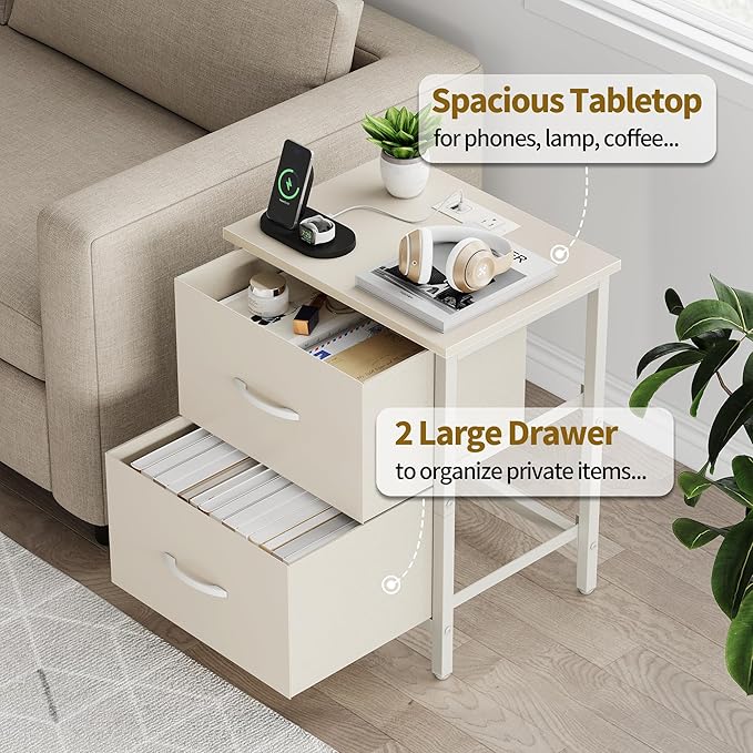 Vagusicc Nightstand with Charging Station, Bedside Table with USB Ports and Outlet, End Table Side Table with 2 Fabric Drawers for Bedroom, Living Room, Beige