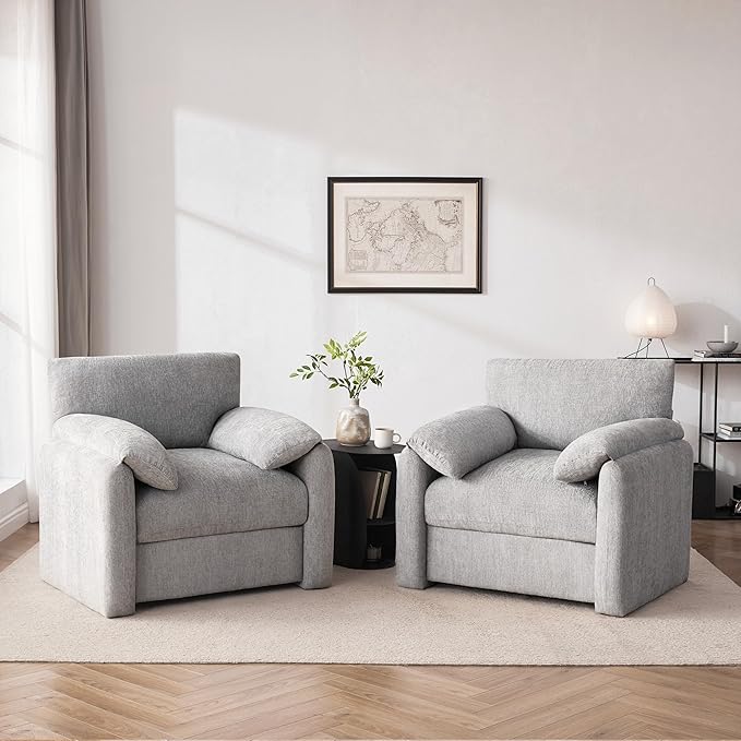 Howjoe Chenille Oversized Armchair, 38.6" Wide Accent Chairs for Living Room & Bedroom Modern Lounge Chair, Upholstered Mid-Century Reading Chair, Comfy Living Room Chair (LightGrey, 2Pack)