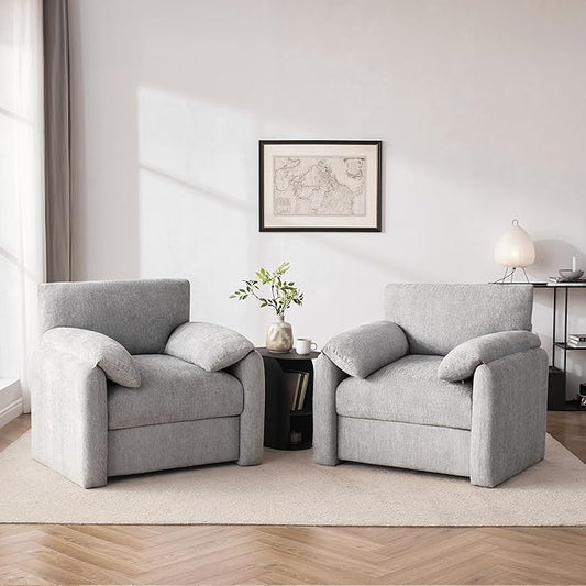 Howjoe Chenille Oversized Armchair, 38.6" Wide Accent Chairs for Living Room & Bedroom Modern Lounge Chair, Upholstered Mid-Century Reading Chair, Comfy Living Room Chair (LightGrey, 2Pack)