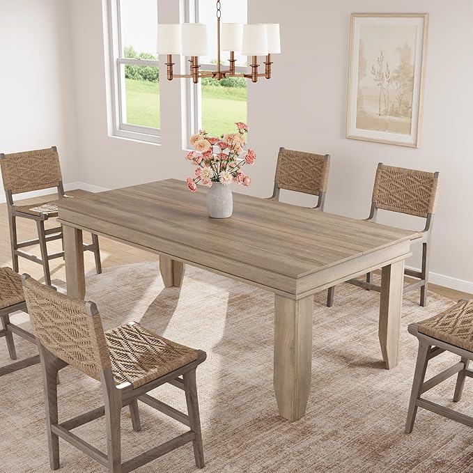 GarveeHome Farmhouse Dining Table for 6-8 People, 71 in Long Kitchen Tables with Wooden Sturdy Frame, 6 ft Large Rectangular Dinner Table for Dining Room, Kitchen, Natural Oak, 71" Non-extendable