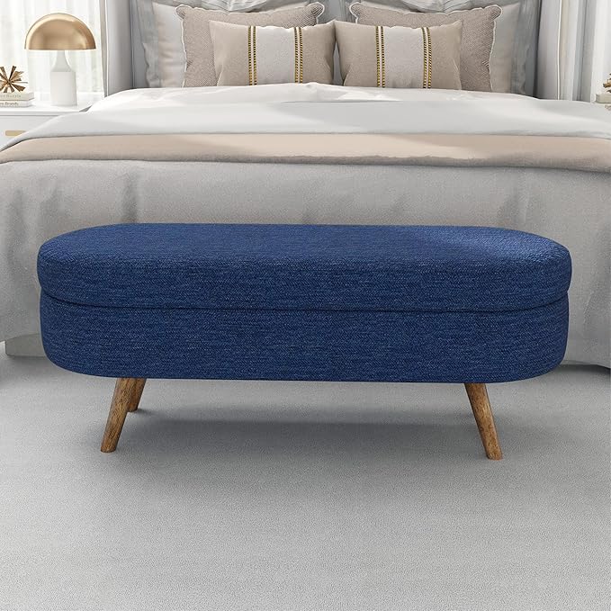 43.5" Ottoman with Storage, Storage Ottoman Bench with Safety Hinge, Foam End of Bed Bench, Upholstered Entryway Bench for Bedroom, Living Room & Window, Holds up to 330 lb, Blue