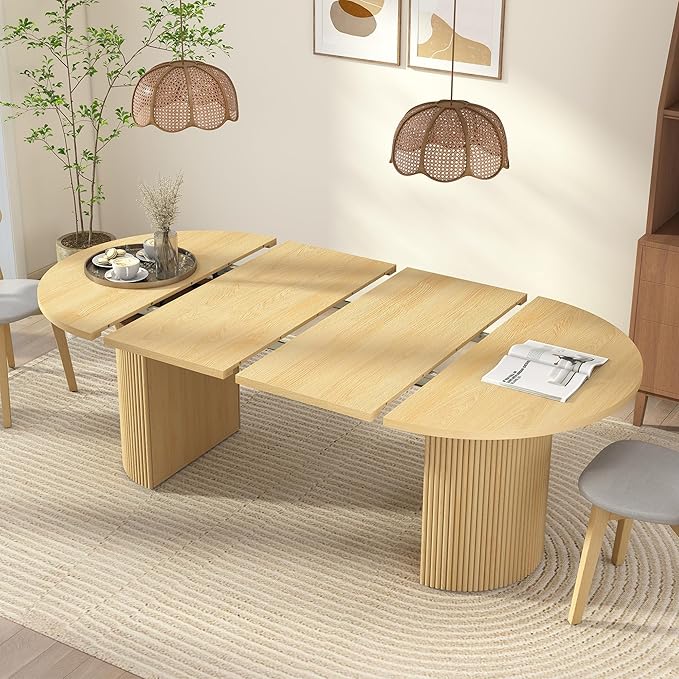 41 in-78 in Extendable Dining Room Table for 4-8, Round Expandable Kitchen Table with Fluted Base, Modern Farmhouse Oval Dinner Tables for Dining Room Kitchen Living Room (Natural)