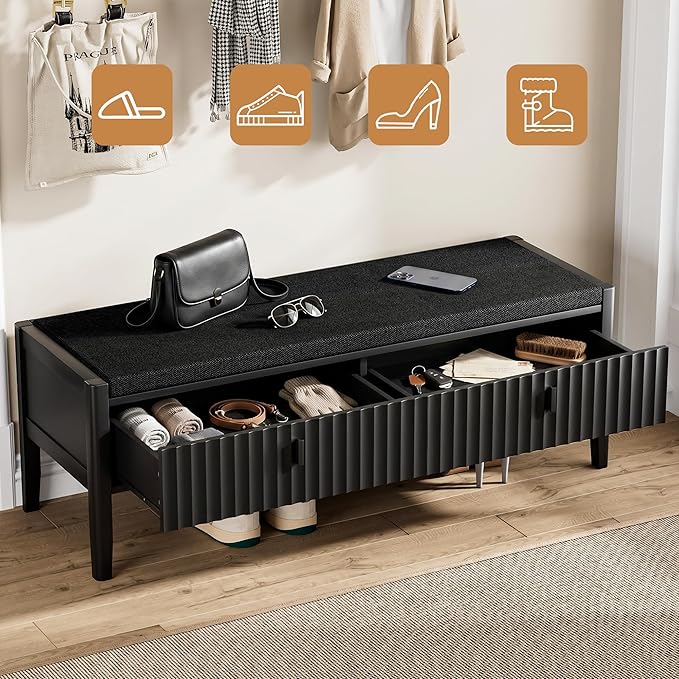 Furniway Black Fluted Shoe Bench with 2 Drawers, Entryway Storage Bench with Thick Padded Cushion Seat, Open Bottom Shoe Storage Shelf for Hallway, Living Room, Bedroom, 47.2" W
