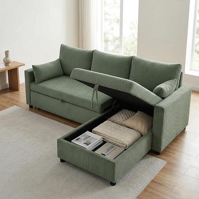 Sectional Sleeper Sofa with Pull Out Bed, L Shape Convertible Sofa Bed Couch with Storage Chaise, 3 in 1 Pull Out Sofa Bed with 3 Seats for Living Room,Apartment, Green, 85Inch
