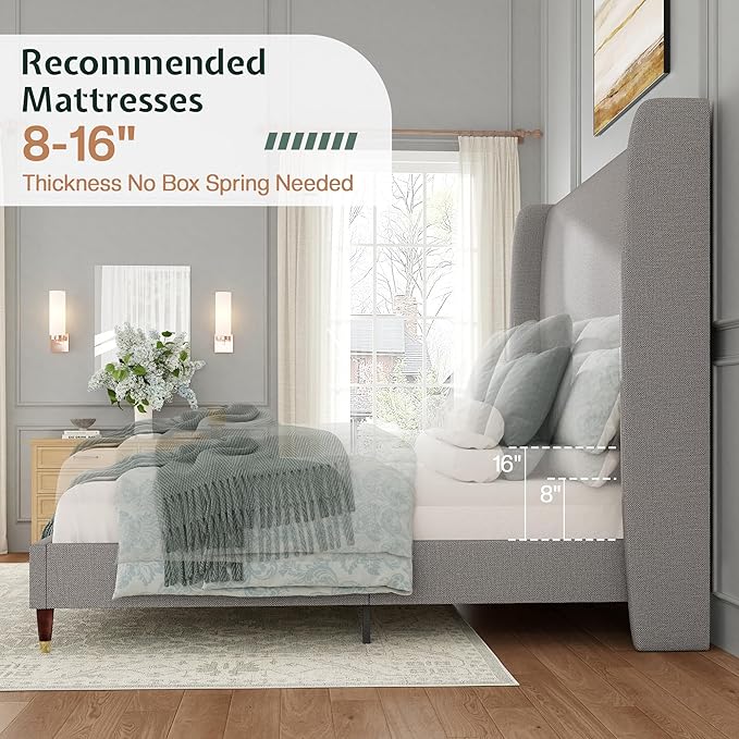 Jocisland Full Bed Frame 51.2" Wingback Headboard Linen Upholstered Platform Bed,Solid Wood Legs & Wooden Slats,No Box Spring Needed,Noise-Free,for Teen Room Small Bedroom Cozy Home,Light Grey