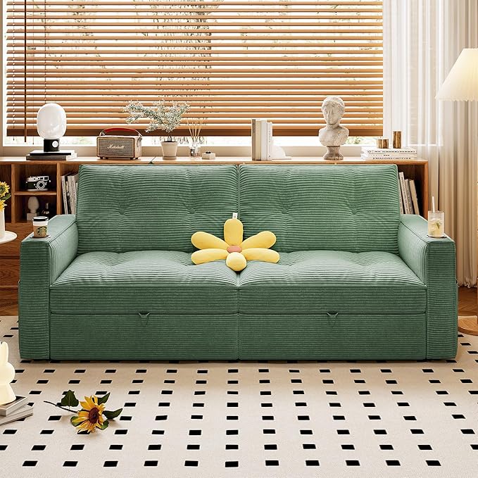 healthomse 73.2" Convertible Sofa Bed, 2-in-1 Multi-Functional Loveseat Sleeper, Modern Corduroy Couch with Side Pocket, for Living Rooms, Bedrooms, Apartments, Small Spaces (Green, 73.2inch)