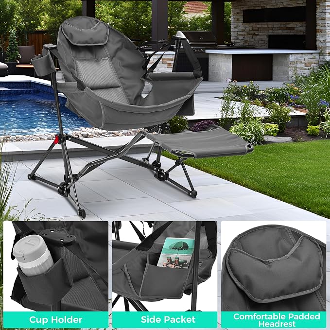 Ainfox Hammock Camping Chair with Footrest, Foldable Portable Rocking Chairs for Adults Outside Swinging Camp with Cup Holder Pillow for Outdoor Patio Poolside (Light Grey)