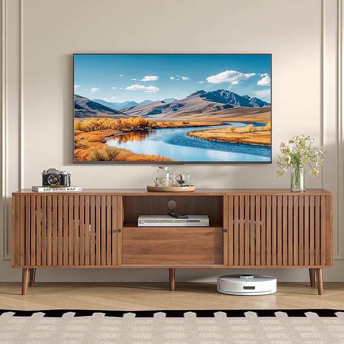 Oubayajia Mid Century Modern TV Stand for Televisions up to 70 Inches, with Sliding Doors and Storage, Television Stands, TV Consoles, Media Consoles for Living Room(Walnut-70inch)