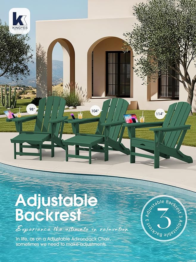 KINGYES Adjustable Folding Adirondack Chair with Footrest & 4-in-1 Multi-Functional Armrest Organizer, HDPE Foldable Recliner Adirondack Chair with Pull-Out Ottoman, Green