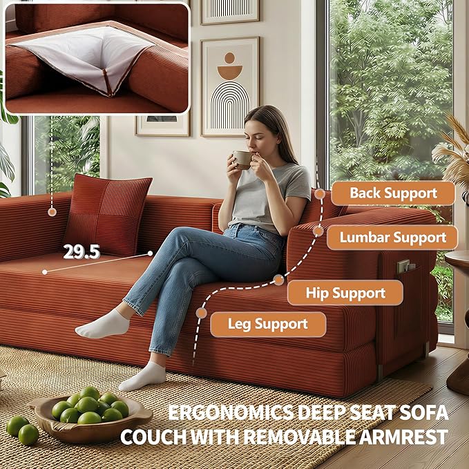 78.8" Convertible Sofa Bed with Armrest Pillow, 4-in-1 Sleeper Couch Bed for Livingroom, Modular Corduroy Boneless couches, No Assembly (Orange)