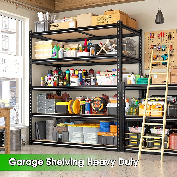 REIBII 5 Tier Garage Shelving Unit,2300LBS Heavy Duty Metal Storage Shelves,Adjustable Boltless Utility Rack Organizer for Basement Garage Pantry Kitchen Laundry Room,Black, 35.5" W x 15.8" D x 72" H