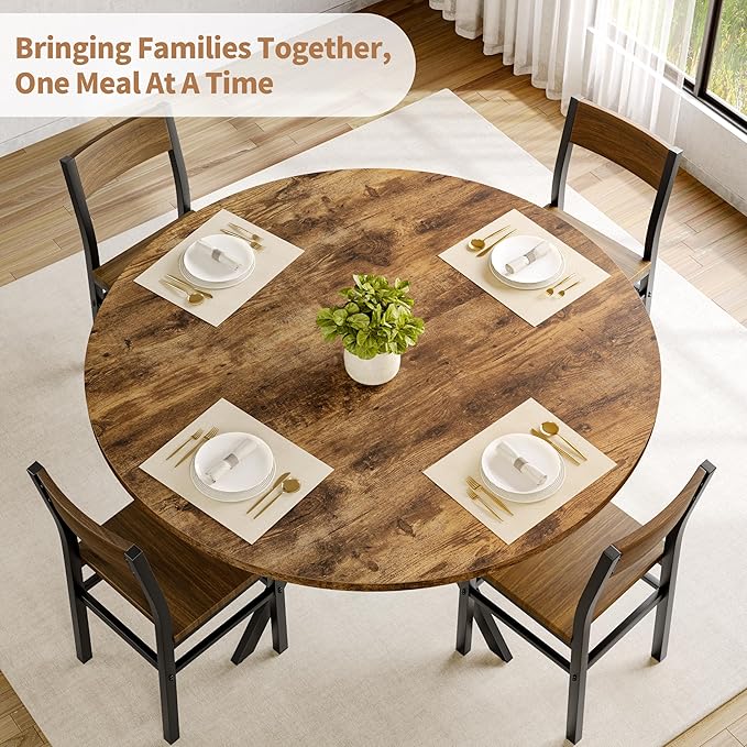 MECHYIN Round Dining Table for 2-4, 42 Inch Wood Kitchen & Dining Room Tables with Storage, Circle Dinner Table with Metal Legs, Space Saving Small Table for Dining Room, Kitchen, Rustic Brown