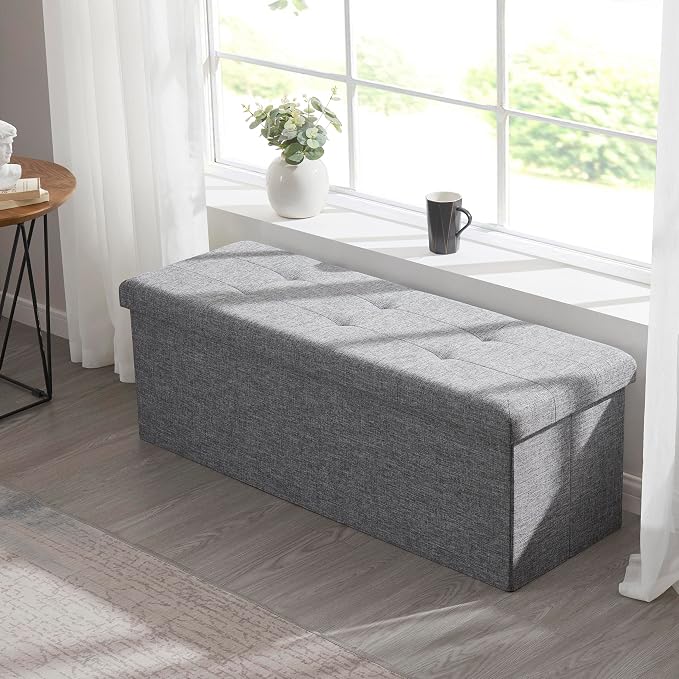 Ornavo Home Folding Storage Ottoman, 43 Inch Extra Large Storage Bench with Lid, Foot Rest Stool for Bedroom, Living Room, Entryway, Tufted Linen Upholstered - Gray