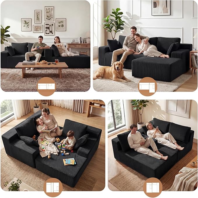 GRUSIGN Cloud Sectional Boneless Couches for Living Room, Modular L Shaped Couch with Deep Seat Oversized Right Facing Chaise, Memory Foam Compressed Spineless 3 Seater Sofa for Apartment, Black