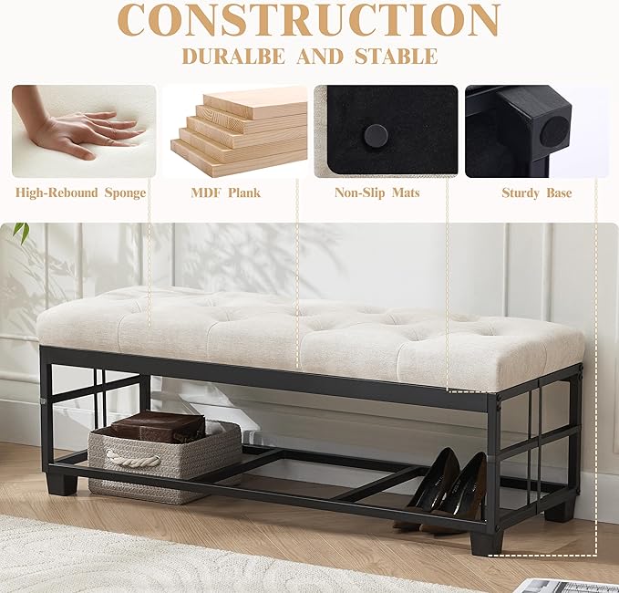 Mangodan 43 Inch Linen Storage Ottoman Bench, Foot Rest with Legs, End of Bed Bench, Storage Chest, Load up to 660 Lb, Ottoman with Storage Bench for Living Room, Bedroom, Entryway (Light Beige)