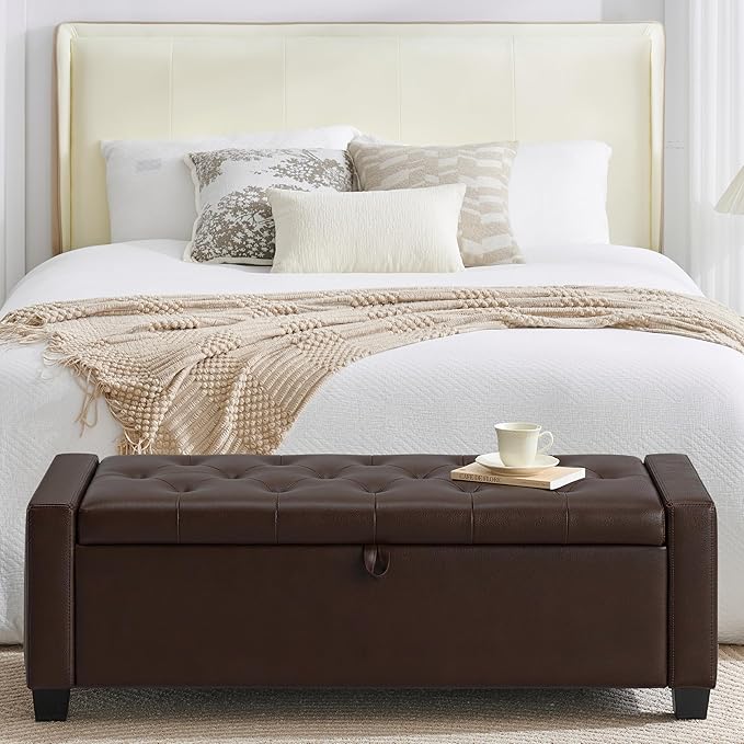 Huatean Home 48" Ottoman with Storage, Storage Ottoman Bench with Safety Hinge, Upholstered Entryway Bench with Seating for Bedroom, Living Room, Holds up to 330 lb, Dark Brown