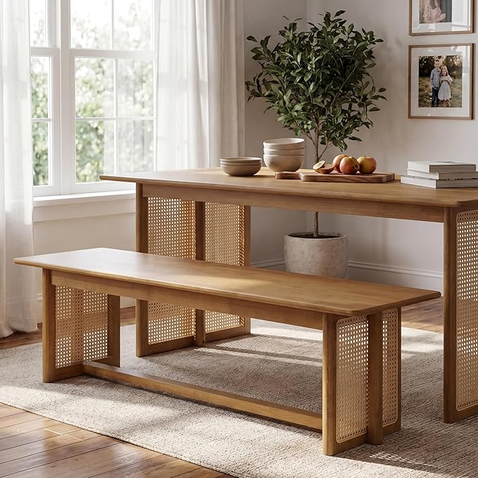Merax Rustic Wooden Rectangular Kitchen Bench with Rattan Accents Legs, Farmhouse 59.06''L Dinning Bench for Living Room, Kitchen, Dining Room,300 lbs Capacity, Natural