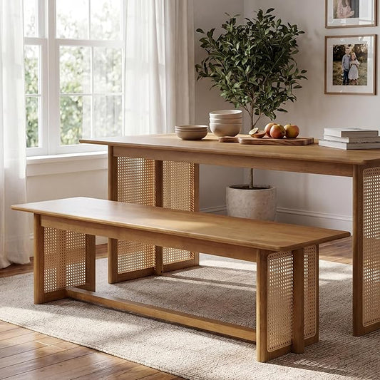 Merax Rustic Wooden Rectangular Kitchen Bench with Rattan Accents Legs, Farmhouse 59.06''L Dinning Bench for Living Room, Kitchen, Dining Room,300 lbs Capacity, Natural