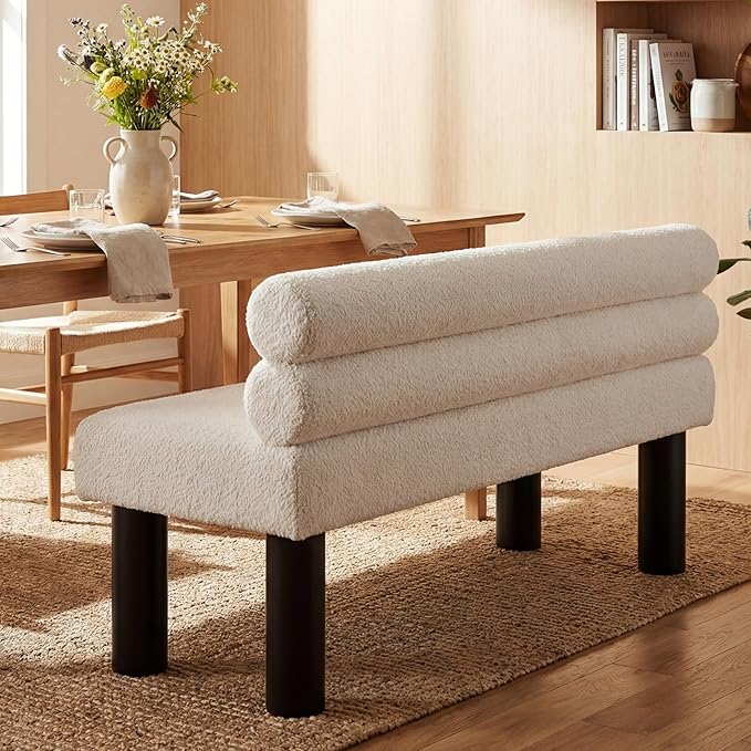 GDFStudio Upholstered Boucle Dining Bench with Backrest Farmhouse Entryway Bench with Rubber Wood Legs Long Indoor Bench for Bedroom Living Room End of Bed Dining Room Seating, Beige