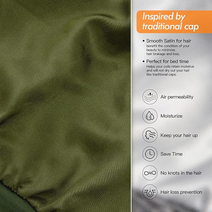Silk Satin Lined Bonnet Sleep Cap - Adjustable Stay on All Night Hair Wrap Cover Slouchy Beanie for Curly Hair Protection for Women and Men - Solid Olive Green