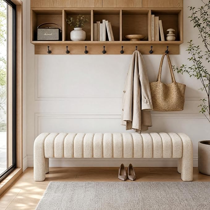 63’’ Bedroom Bench, Upholstered End of Bed Bench with Solid Wood Legs, Modern Cushioned Dining Bench with Full Covered Fabrics for Entryway, Bedroom, Living Room (Beige, Linen)
