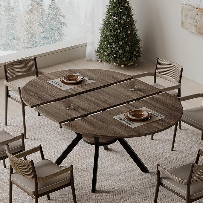 42"-58" Extendable Round Dining Table for 4-6, Kitchen Oval Table with Hidden Leaves & Storage Shelf, Space Saving Modern Design with Sturdy Metal Legs for Kitchen, Dining Room & Small Apartments