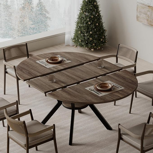 42"-58" Extendable Round Dining Table for 4-6, Kitchen Oval Table with Hidden Leaves & Storage Shelf, Space Saving Modern Design with Sturdy Metal Legs for Kitchen, Dining Room & Small Apartments